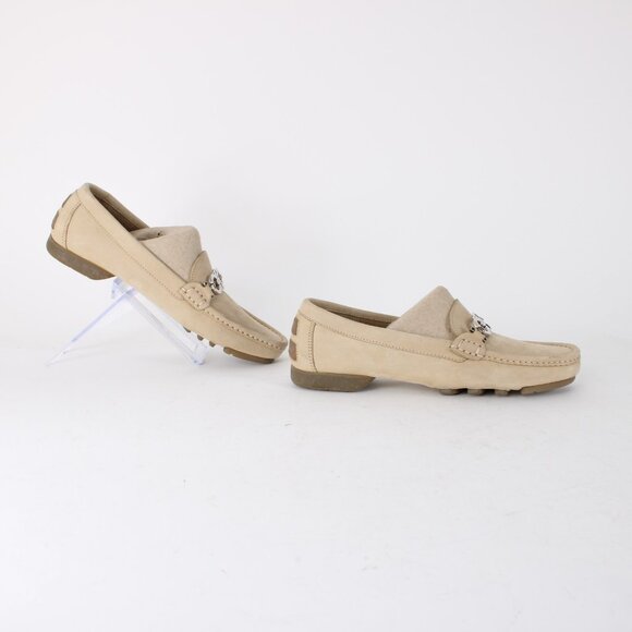 Ferragamo Flats Sz 7 Beige Suede Silver Hardware Driving Moc Leather Loafers - Picture 6 of 12